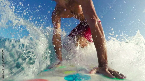 POV Surfing on Blue Ocean Wave at Sunrise. SLOW MOTION Big Wave Surfing in Red Shorts. Drop In Bottom Turn Frontside Right. Summer Fun Lifestyle Extreme Sports.  photo