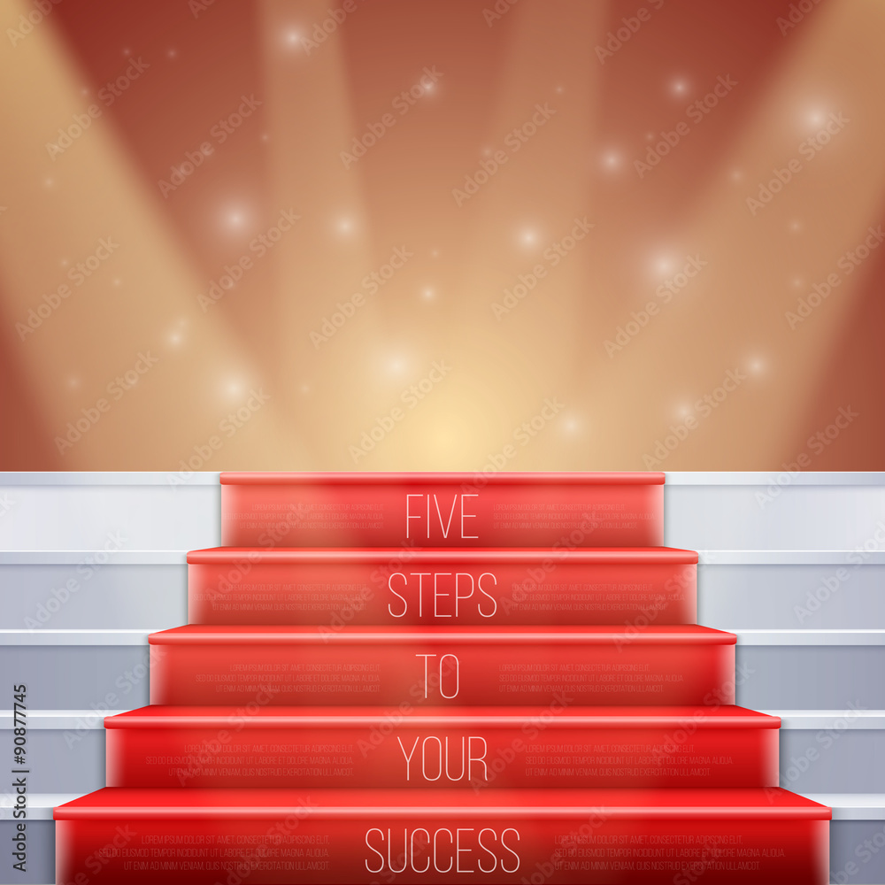 Fototapeta premium Photorealistic Vector Stairs with Red Carpet and Bright Luxury E