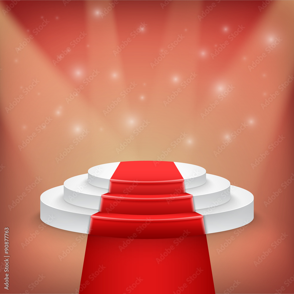 Fototapeta premium Photorealistic Winner Podium Stage with Stage Lights and Red Car
