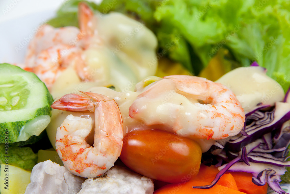 Closeup boiled shrimp and vegetables Closeup boiled shrimp and vegetables