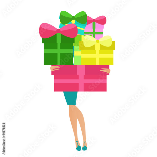 Beautiful woman holding colorful gift boxes on white background.