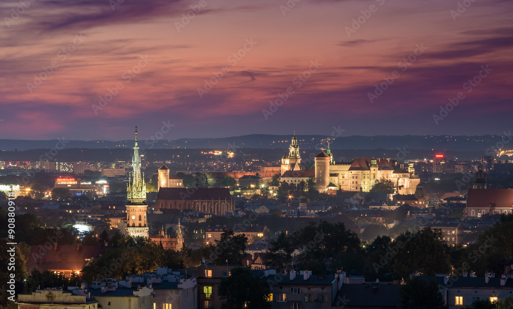Evening panorama of Krakow old city, Poland, from Krakus Mound
