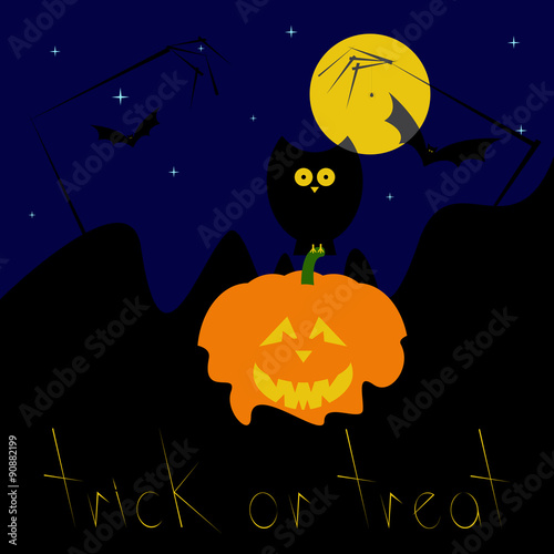 Happy Halloween greeting card with pumpkin and owl