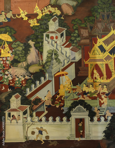 Thai mural painting on temple wall © boonsom
