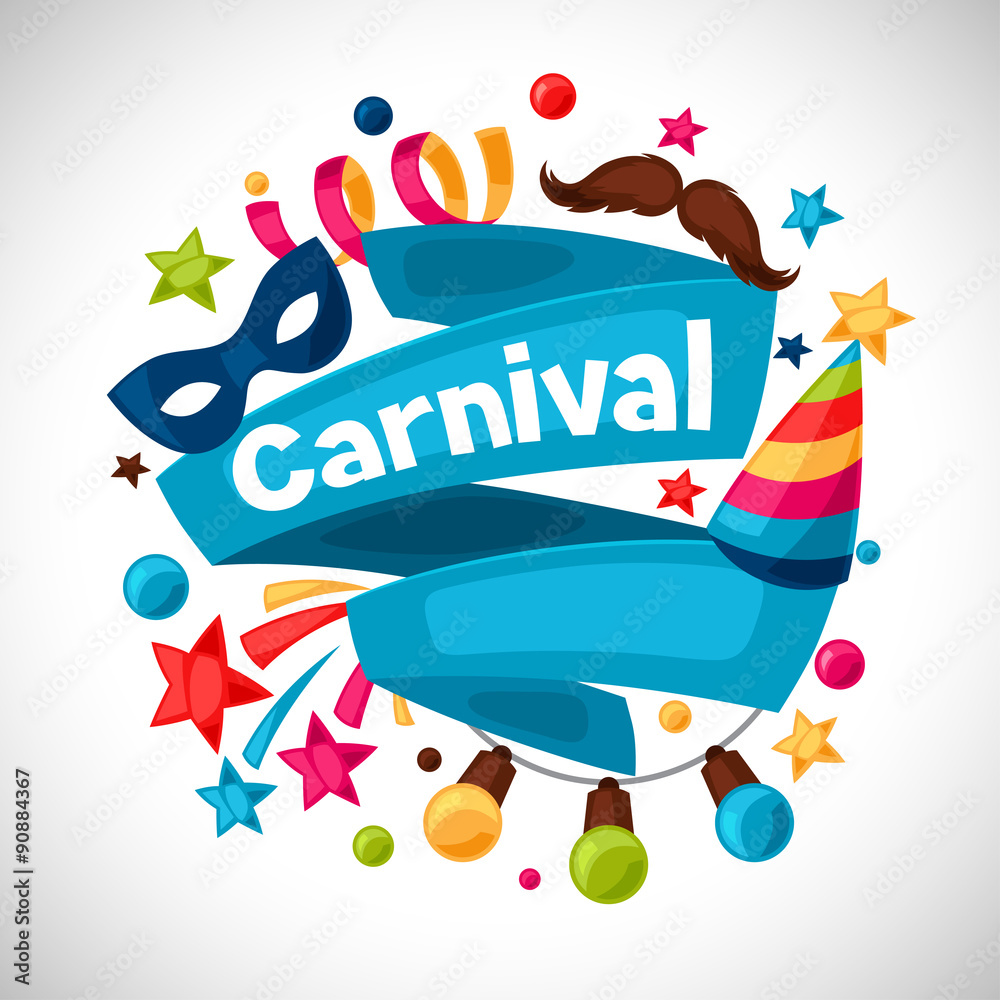 Carnival show and party greeting card with celebration objects