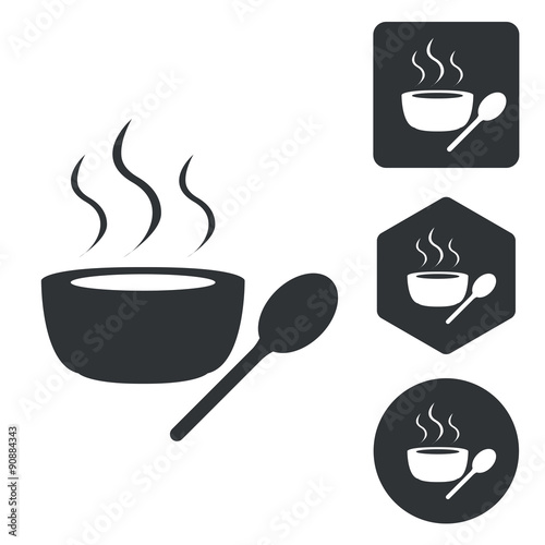 Hot soup icon set, monochrome