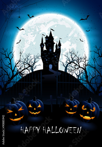Blue Halloween background with castle and pumpkins