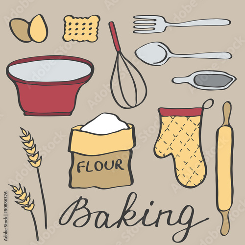 Baking set. Hand-drawn cartoon utensils and ingridients. Doodle