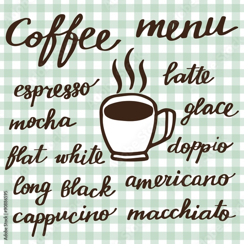 Coffee set. Hand-drawn cartoon names of different coffee drinks