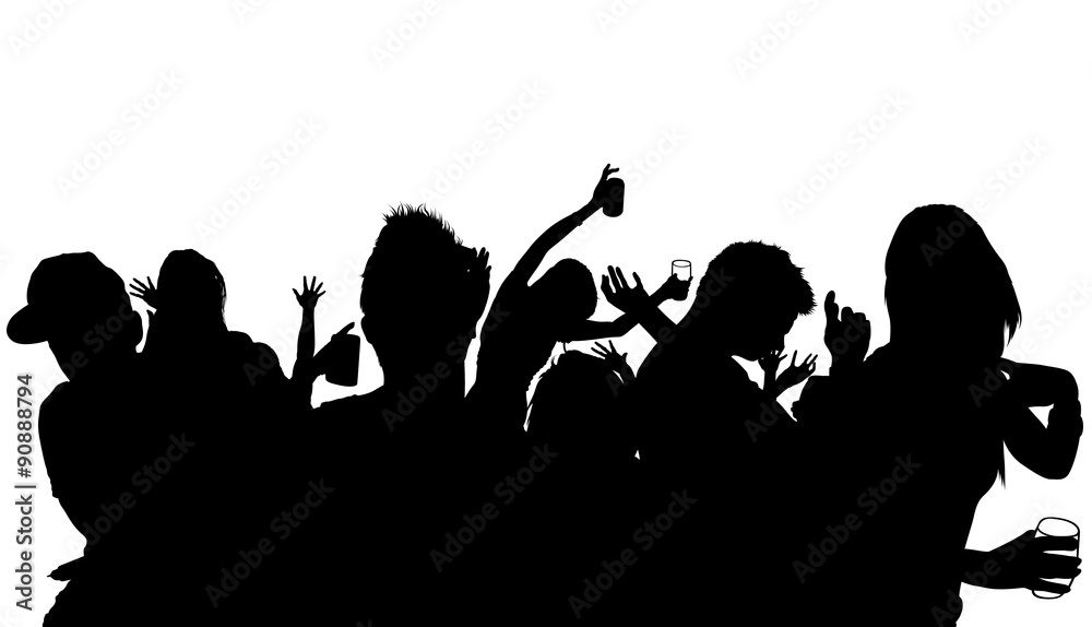 Dancing Crowd Silhouette - Black Illustration, Vector