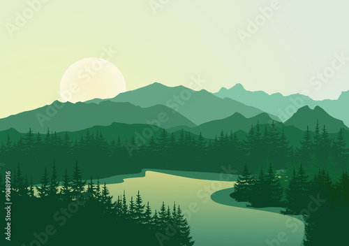 Beautiful sunrise at mountain lake. Vector landscape.
