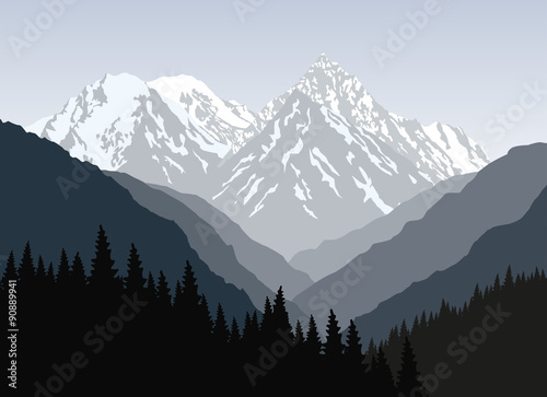 Beautiful mountain landscape at morning. Vector illustration.