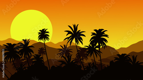 Sunset in the tropical hills with silhouettes of palm trees. Vector illustration. © tanyadzu