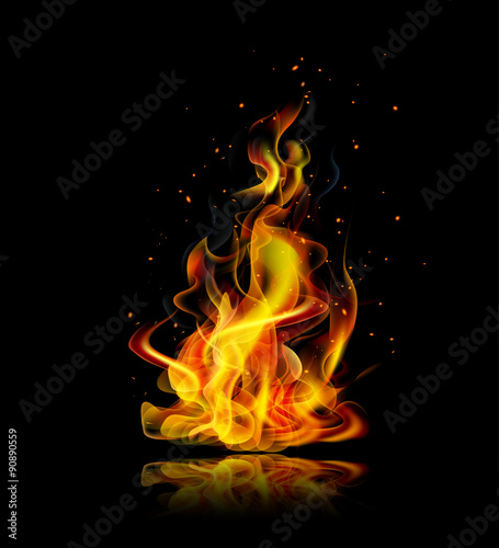 Realistic fire on a black background with reflection