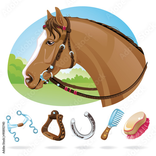 Hand drawn illustration of a brown horse head with western bridle on a landscape background with a set of Western Riding Tack isolated on white background