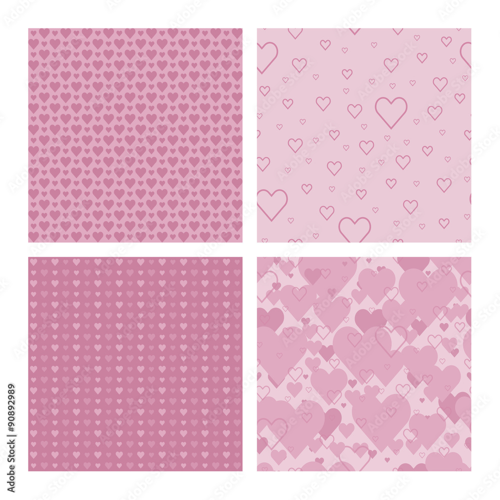 Set of 4 beautiful seamless patterns with hearts (tiling) for web page backgrounds, textile designs, fills, banners
