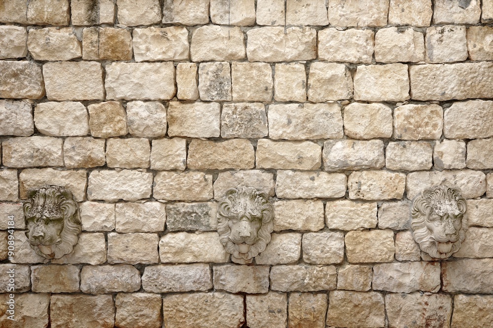 Old White Stonewall With Lion Head Decoration Old White Stonewall With Lion Head Decoration