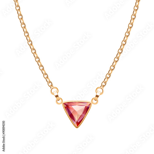Fototapeta Golden chain necklace with triangle ruby pendant.