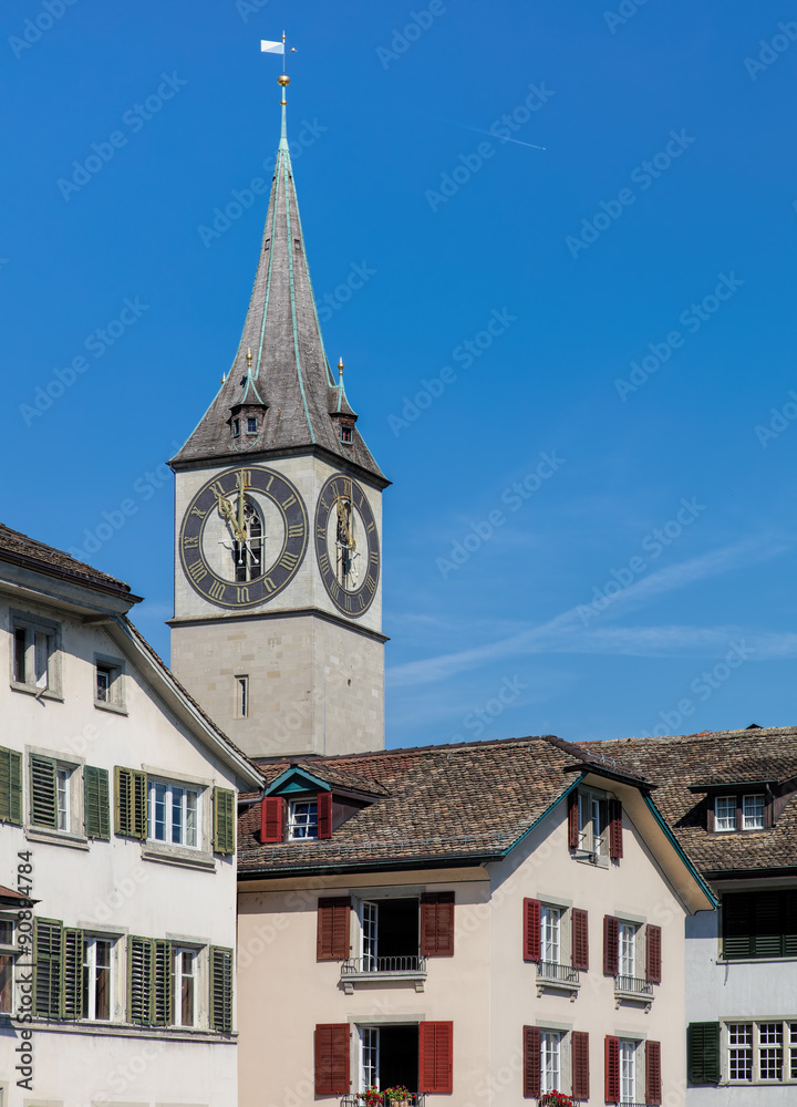 Clock tower of the St. Peter Church in Zurich Clock tower of the St. Peter Church in Zurich