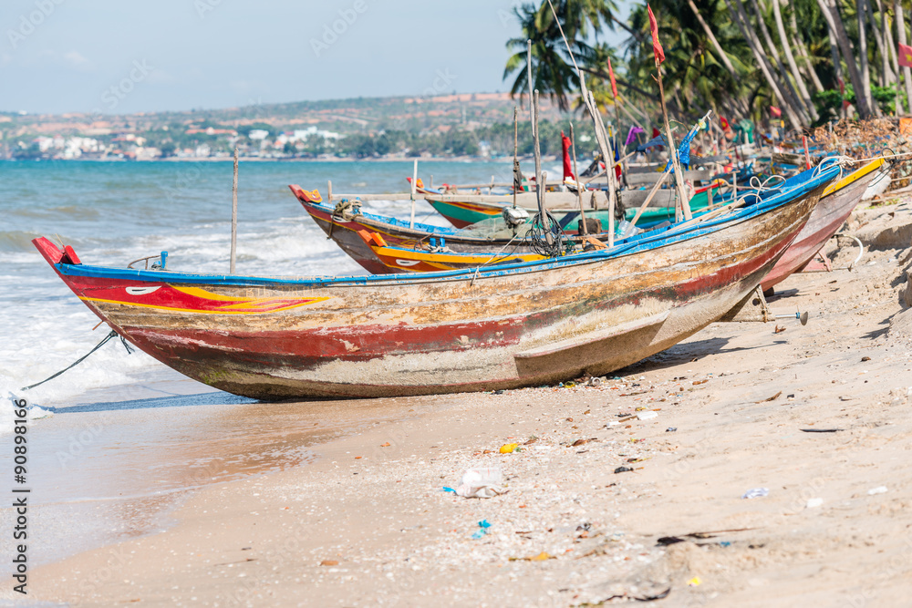MUI NE, Vietnamese fishing boats on the beach.