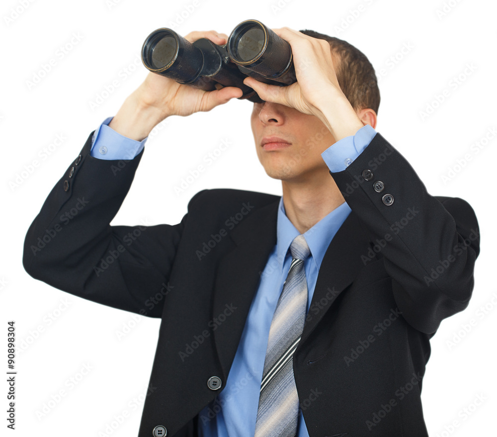 Business man wearing suit with blue tie with binoculars Business man wearing suit with blue tie with binoculars