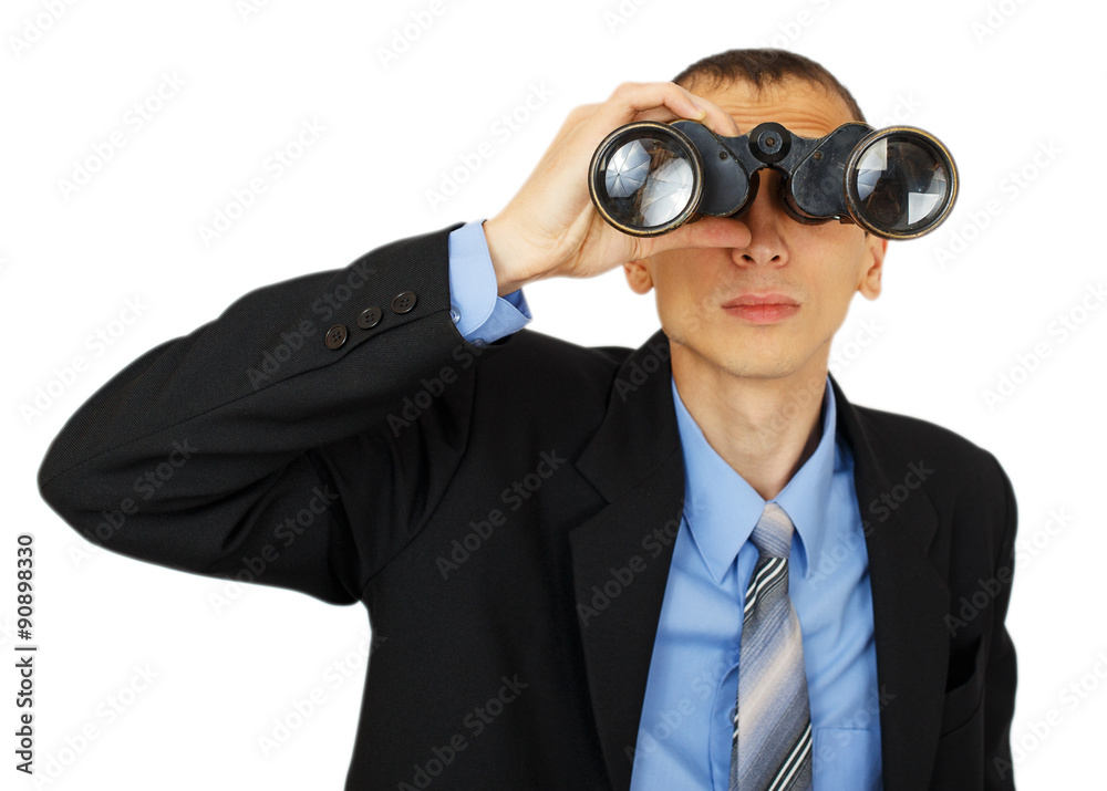 Business man wearing suit with blue tie with binoculars Business man wearing suit with blue tie with binoculars