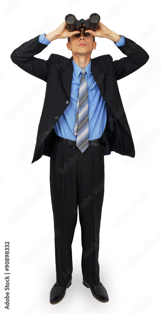 Business man wearing suit with blue tie with binoculars Business man wearing suit with blue tie with binoculars