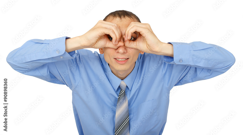 Closeup portrait of businessman looking to camera with binocular Closeup portrait of businessman looking to camera with binocular