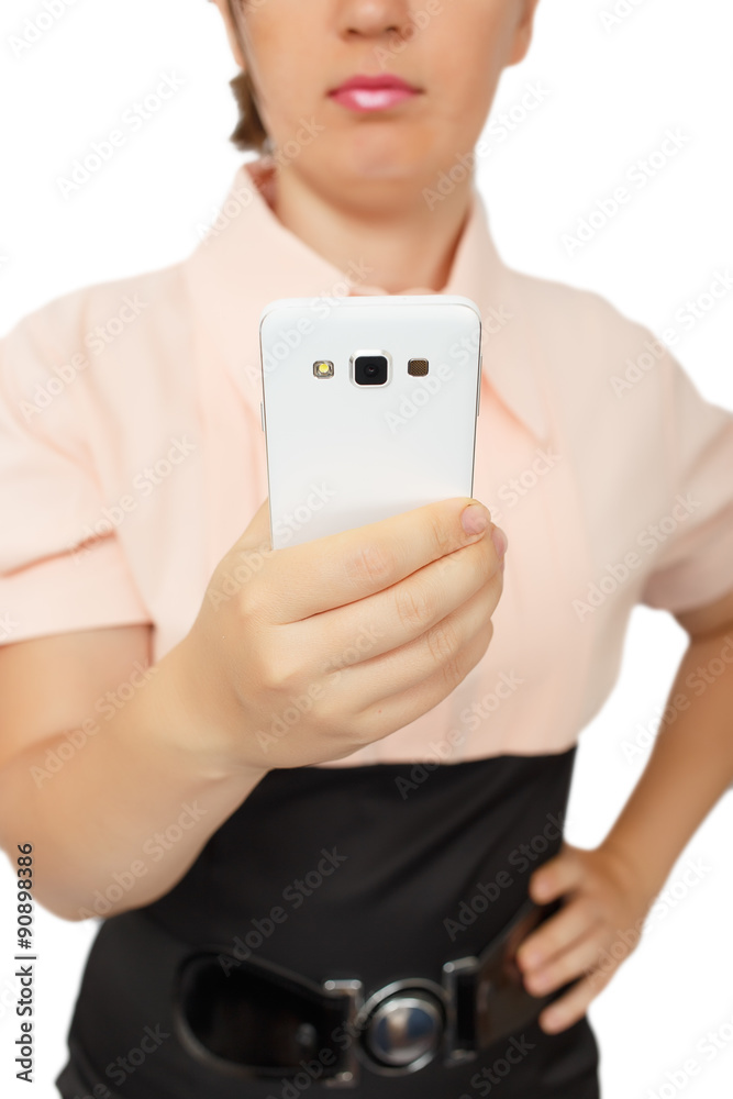 Young business woman showing white mobile phone Young business woman showing white mobile phone
