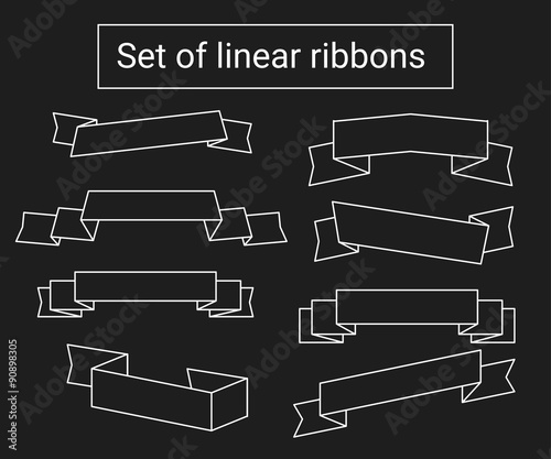 Set of linear ribbons. thin line on dark background.