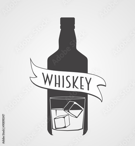 sign or logotype with whiskey bottle and glass