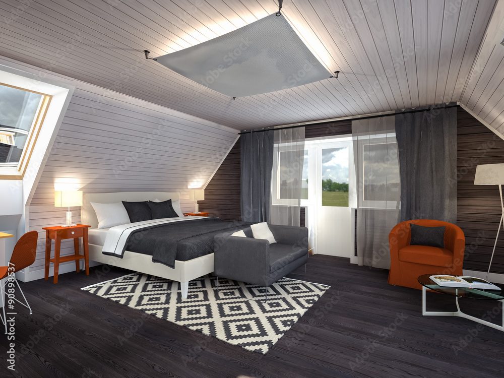 bedroom in the attic black-white-red 3D rendering bedroom in the attic black-white-red 3D rendering