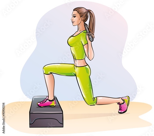 Athletic sport woman at the gym doing exercises, squats on one leg on a step platform, vector