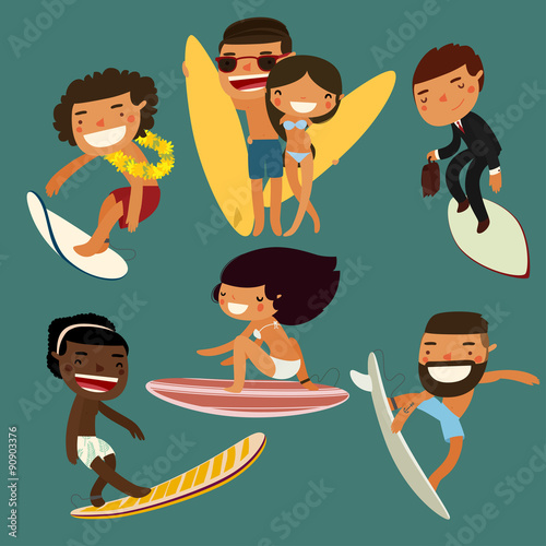 Photography surfing character set. cute surfers. vector illustration