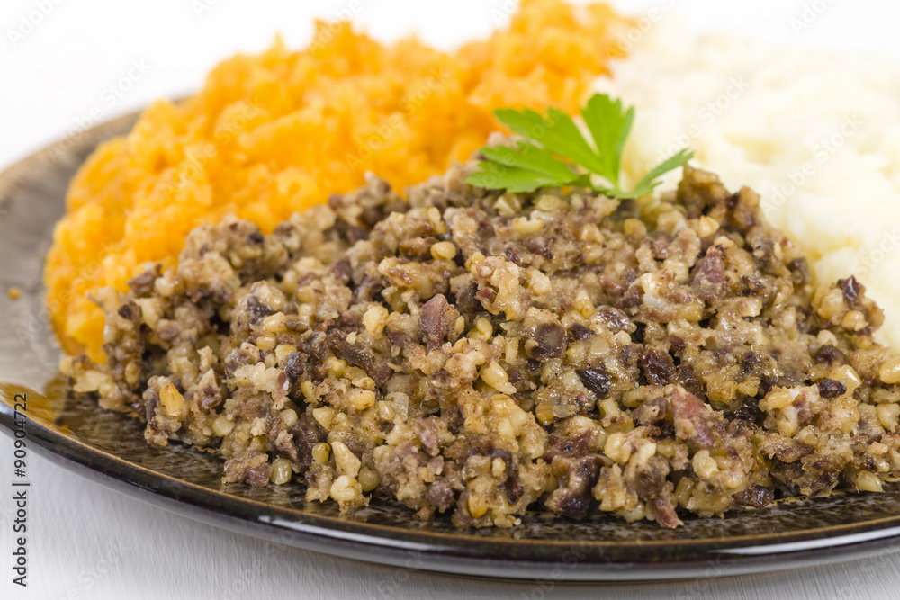 Haggis, Neeps & Tatties - Traditional Scottish meal commonly served at Burn's Night.
Haggis, Neeps & Tatties - Traditional Scottish meal commonly served at Burn's Night.