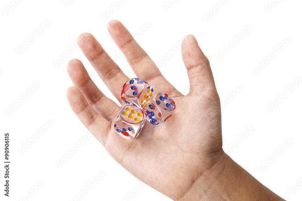 Three crystal dices in kid hand Three crystal dices in kid hand