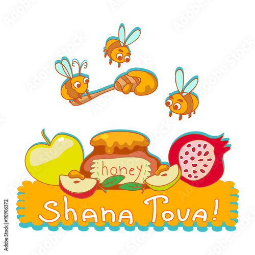 Shana tova greeting card. Cartoon illustration of bees, honey jar, pomegranate and apple. For Rosh Hashana Jewish new year.