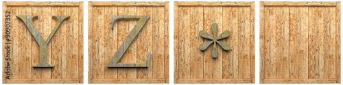 Group of wooden letters YZ  framed, isolated on white