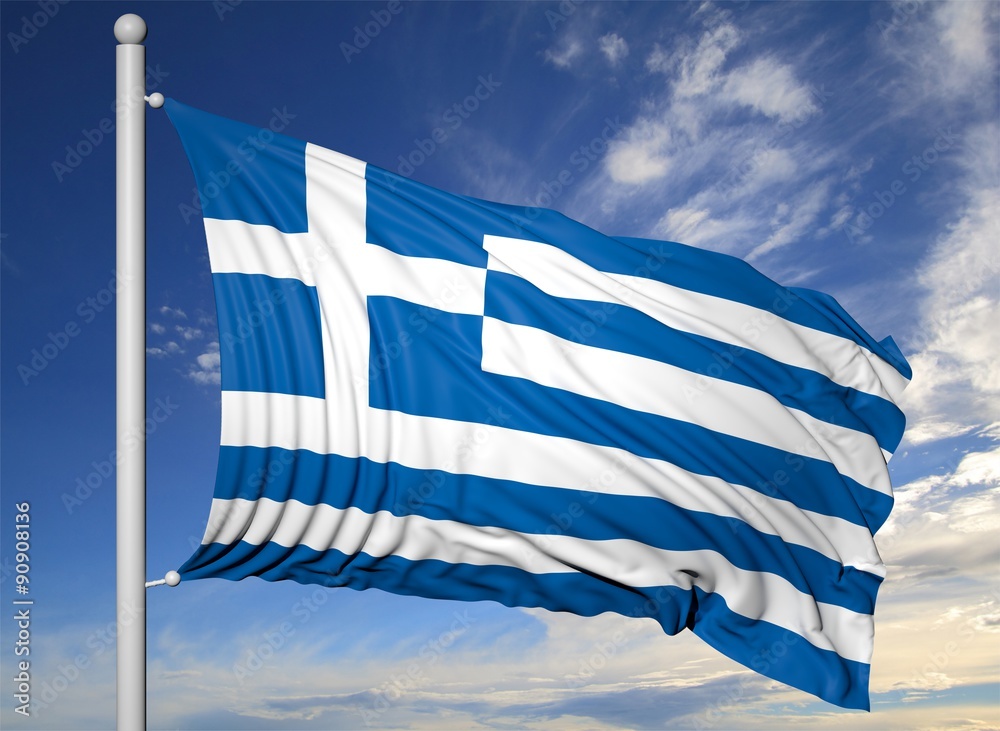 Waving flag of Greece on flagpole, on blue sky background. - obrazy, fototapety, plakaty 