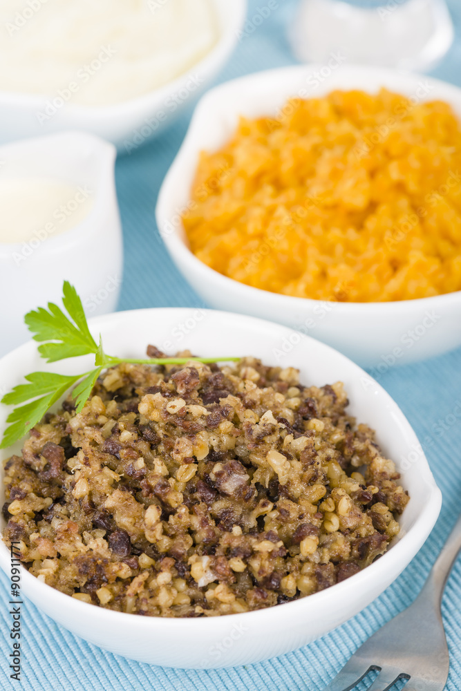 Haggis, Neeps & Tatties - Traditional Scottish meal commonly served at Burn's Night.
Haggis, Neeps & Tatties - Traditional Scottish meal commonly served at Burn's Night.
