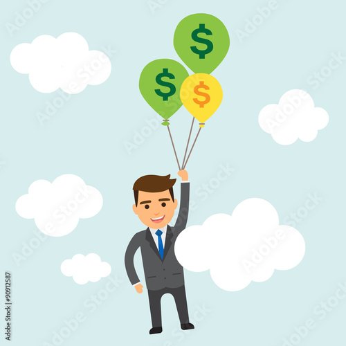 Hombre de negocios con globos de dinero en el cielo