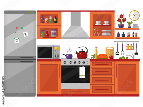 Kitchen interior with utensils, food and devices. Including fridge, oven, microwave, kettle, pot. Flat style icons and illustration isolated on white.