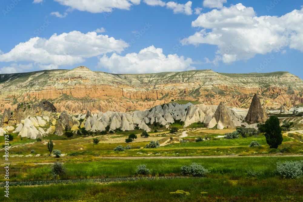 Fototapeta premium Goreme, a town in Cappadocia, Turkey, located among the exotic fairy chimney rock formations.