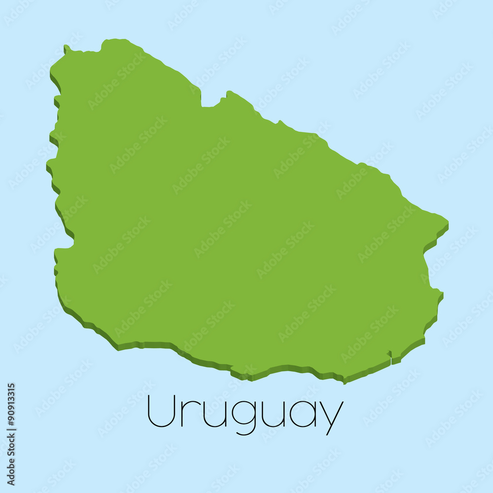 3D map on blue water background of Uruguay