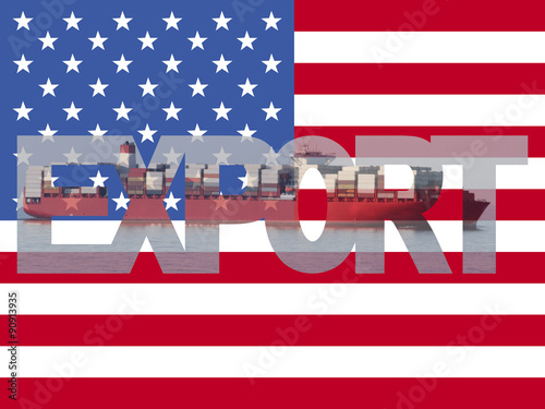 Container ship with export text and American flag illustration