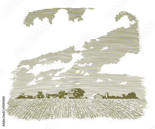 Woodcut Kansas Farm