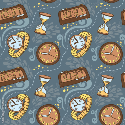 Seamless pattern with clocks and watches