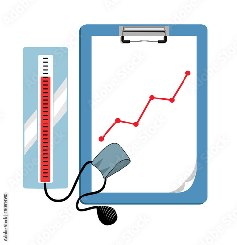 Vector image of a clipboard displaying a line graph ascending and a blood pressure machine