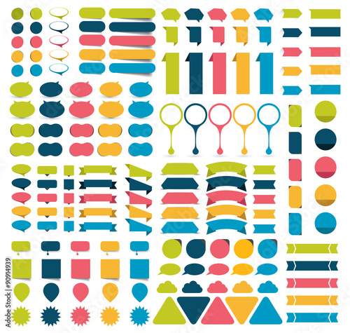 Mega collections of infographics flat design elements, buttons, stickers, note papers, pointers. Vector illustration.