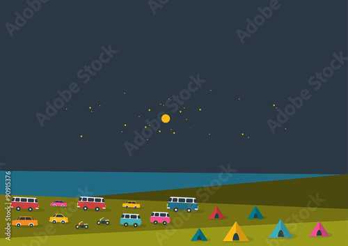 Summer night festival, party music poster, background with color flags and retro cars, vans, buses and tent field. Flat design.